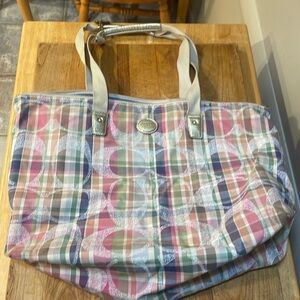 Coach pastel Madras plaid weekender tote